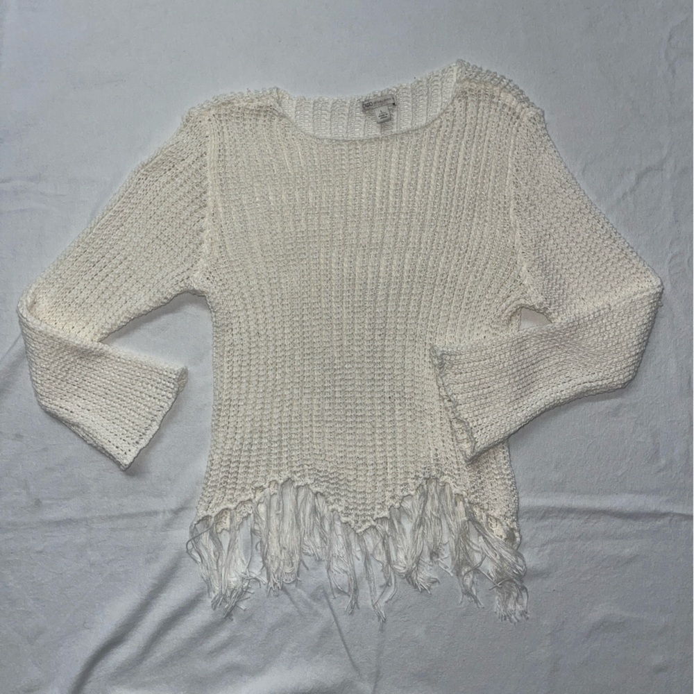 Cato Established Cream Crochet Fringe Sweater – Size Large Boho - Picture 1 of 7